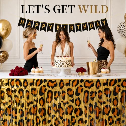 Image of Bupelo Cheetah Print Birthday Table Decorations, 2 Pcs Leopard Table Skirts | Tinsel Metallic, Leopard Birthday Decorations, Cheetah Print Party Decorations for Bachelorette Jungle Animal Party Supplies
