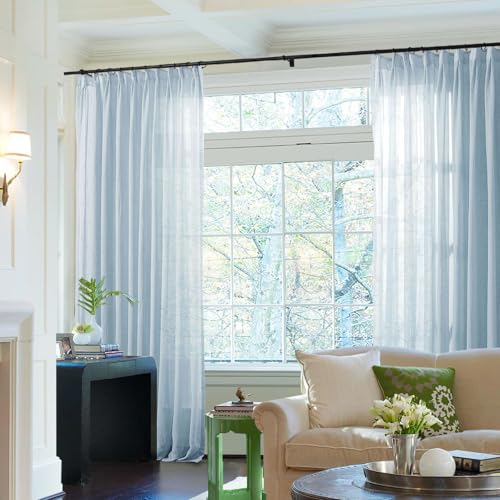 Image of TWOPAGES Baby Blue Pinch Pleated Sheer Curtains, 84 inch W x 102 inch L, 2 Panels