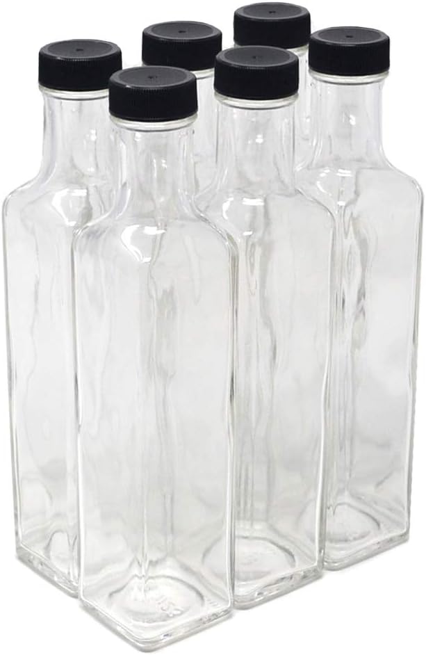 NiceBottles - Clear Glass Quadra Bottles, 250ml, White Caps (8.5 Fl Oz) - Pack of 6: Kitchen & Dining