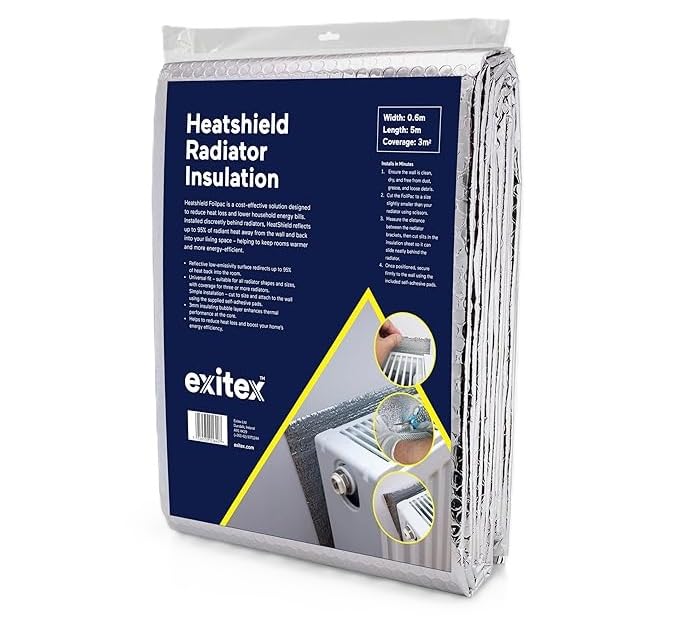 Exitex Superior Radiator Reflector Foam Foil, 0.6m x 5m (3m²) – Energy Saving Insulation with 3mm Bubble Layer, Self-Adhesive Pads Included, Fits All Radiators