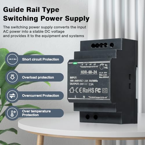Image of Jadeshay DIN Rail Power Supply, 60W 24V 2.5A Switching Power Supply with Overload Protection and Stable DC Output (HDR-60-24)