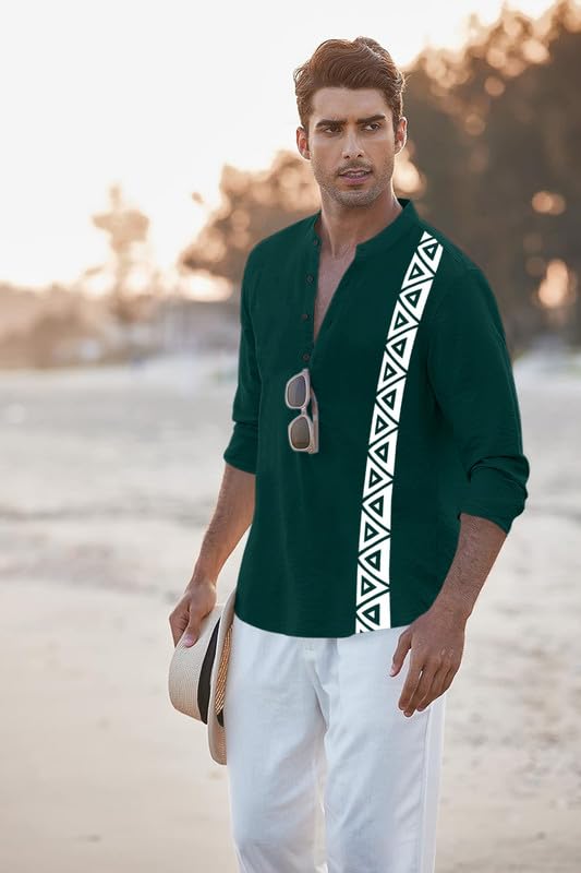 Image of FINIVO FASHION Men's Short Kurta with Printed Geometric Side Panel | Cotton Blend Full Sleeve Ethnic Topwear with Mandarin Collar | Stylish Indo-Fusion Kurta for Daily, Festive, or Casual Wear
