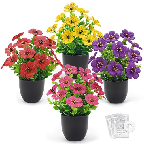 Der Rose 4 Pack Small Fake Plants with Fragrance Discs Spring Faux Flowers in Black Pots Artificial Plants Indoor for Bathroom Room Office Desk Decor