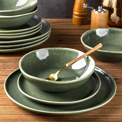Image of AmorArc Ceramic Dinnerware Sets for 6, 18Pcs Plates and Bowls Sets Dishes | Stoneware Handmade Reactive Glaze Dinner Set, Highly Scratch Resistant | Dishwasher & Microwave Safe Dishware
