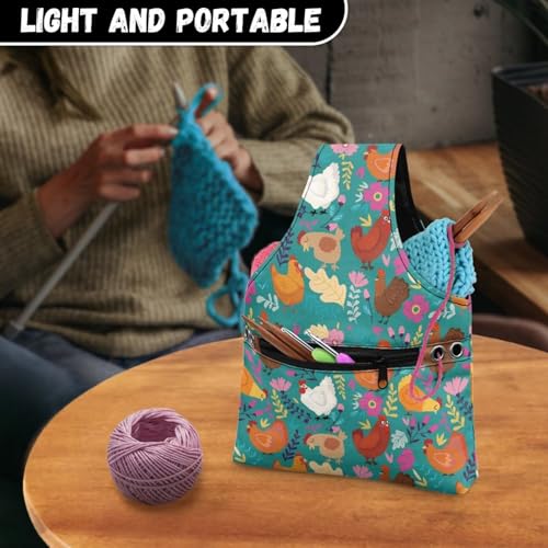 Image of KUIFORTI Boho Yarn Bag Cute Chicken Knitting Needles Holder Bag Yarn Project Bag Needlework Tool Tote Bag with Front Zipper Pocket Lightweight Casual Shopping Handbag Small Size