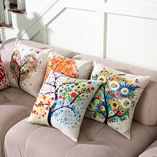 Yangbaga Decorative Cushion Covers 5PCS, 18" Four Season Tree Pillowcase Square Hull House Sofa Cover, Cotton Linen Colorful Cushion for Bed