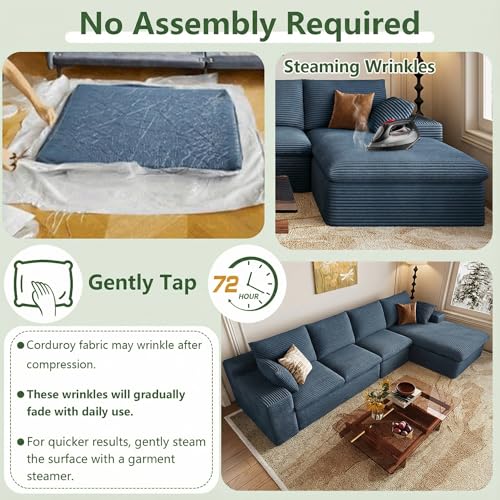 Image of 136 inch Cloud Couch Modular Sectional Sofa for Living Room, L-Shape Boneless Couch with Deep Seat, Modern Corduroy 4-Seater, No Assembly Required (Blue,Right-Facing Chaise)