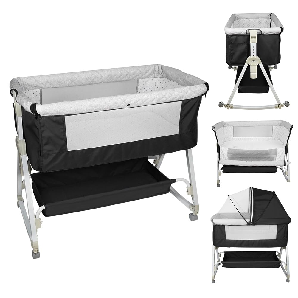 2 en 1 Berceau Cododo pour Bébé,Lit Cododo de Bébé avec Matelas et Moustiquaire 4 Roues,pour 1 à 36 Mois,Inclinaison&Hauteur Réglable, 95 * 50 * 98-110cm, Noir