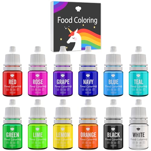 Lebensmittelfarbe - 12 Lebendige Lebensmittel Farben zum Backen, Kuchen Dekorieren, Zuckerguss, Kekse, Fondant und Macaron - Flüssige Food Coloring für die Seifenherstellung und Basteln - 12 x 6ml