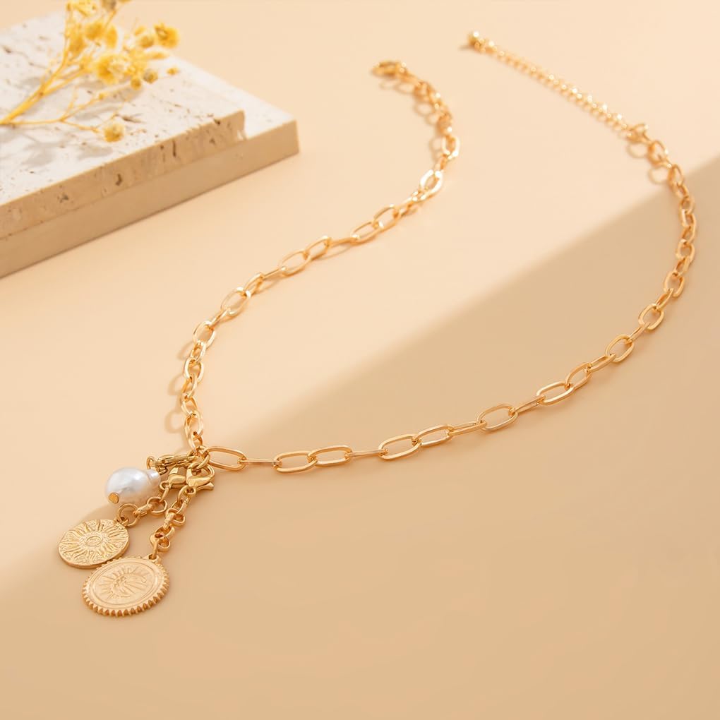 Gold Charm Necklace for Women Vintage Boho Pearl Coin Pendant Necklace Adjustable Sun Moon Paperlicp Chain Necklace Trendy Costume Jewelry Gifts - Image 5