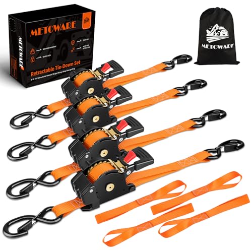 Image of METOWARE Retractable Ratchet Straps (4-Pack) - 1 inch x 10' (1500lb Break Strength) - Heavy Duty Auto Self Retracting Tie Down Straps for Truck, Trailer, Cargo Van, Motorcycle - Orange