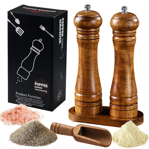 8 inches Salt and Pepper Grinder Set, Pepper Mill with Tray, Salt and Peppers Grinder Set of 2 with Adjustable Ceramic core Salts Grinders for Cooking and Baking