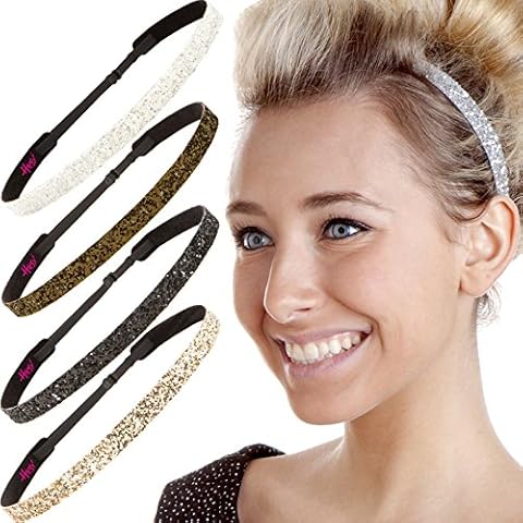 Hipsy 5pk Women's Adjustable NO SLIP Skinny Bling Glitter Headband Multi Gift Pack (Gold/Black/Silver/Brown/White) Cover