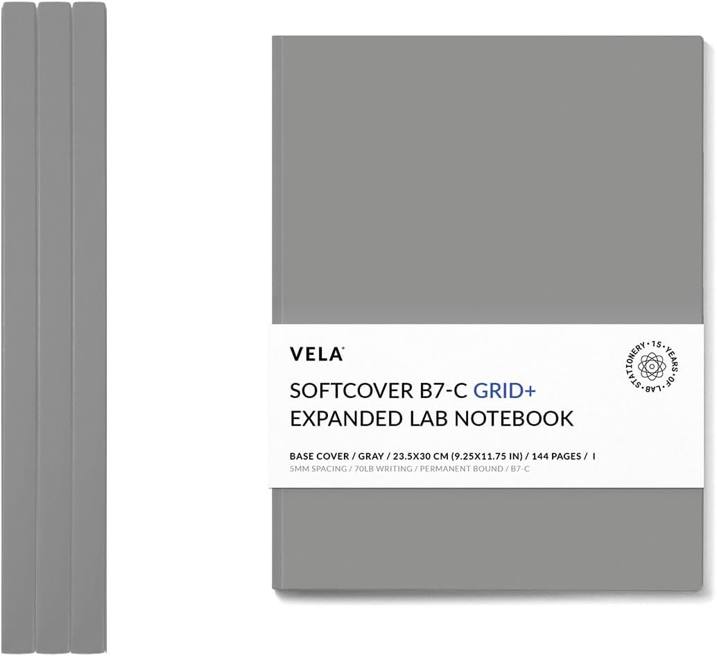 Vela Sciences B7 Expanded Softcover Lab Notebook, 9.25 x 11.75 in (23.5 x 30 cm), 144 Pages, Permanent Bound, 70lb Heavyweight Paper (3-Pack, Grid +)
