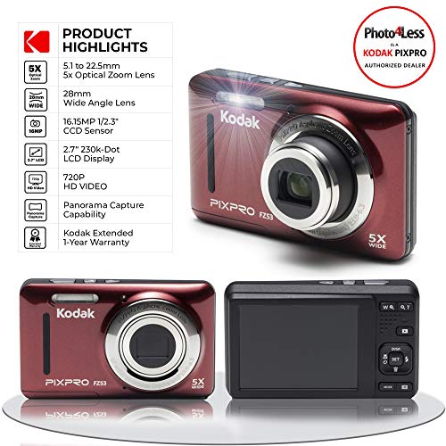 Kodak PIXPRO FZ53 16.15MP Digital Camera (Red) + Black Point & Shoot Case + Transcend 32GB UHS-I U1 SD Memory Card & More! - Image 4