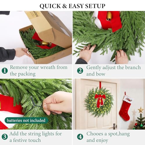 Image of Christmas Wreath with Lights,26 inch Real Touch Pine Wreath with Bow and Bell, Artificial Christmas Wreaths for Front Door,Outdoor Winter Wreath for Indoor,Wall,Window Festival Decor