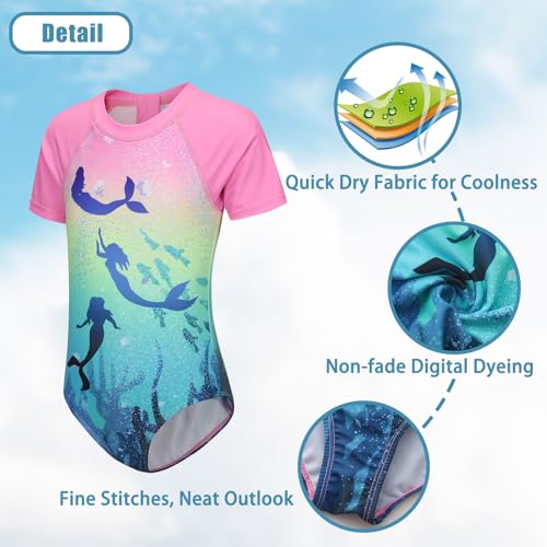 Image of Girls One Piece Rash Guard Swimsuits for Kids Girls Short Sleeve Bathing Suits with Front Zipper Swimwear 3-16 Years