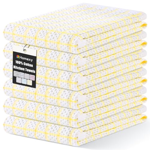 Homaxy 100% Cotton Kitchen Towels 6 Pack-15 X 25 Inches, Check Design Waffle Weave Hand Tea Towels, Super Soft and Absorbent Dish Towel for Drying Dishes, Yellow