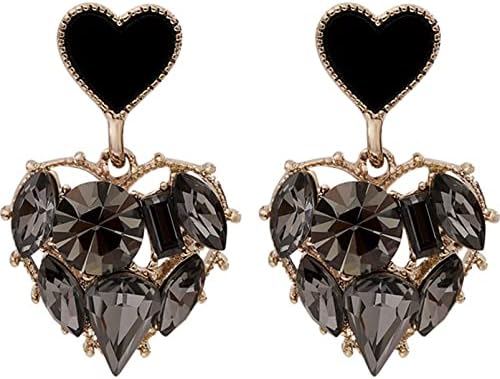 JUNYY Women Girls Dainty Party Black Rhinestone Crystal Heart Shape Stud Earrings Temperament Drop Dangle Earrings(Black)