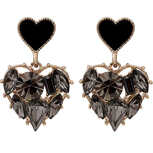Junyy Women Girls Dainty Party Black Rhinestone Crystal Heart Shape Stud Earrings Temperament Drop Dangle Earrings(Black) #TOP27