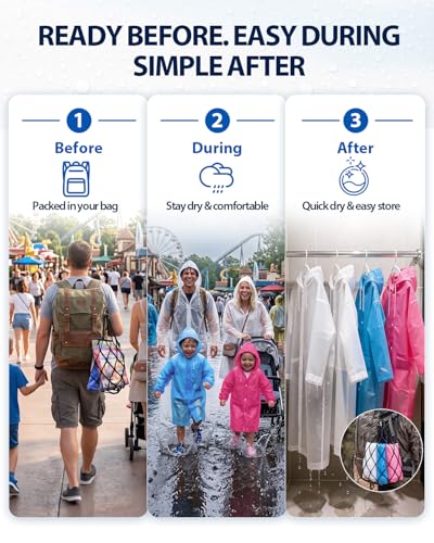 Reusable Rain Ponchos Family Pack - 4 Pack EVA Rain Coats for Adults & Kids — view 5