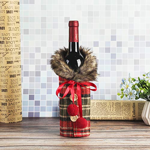 Tanlee 6 Pieces Christmas Sweater Wine Bottle Covers Plaid Wine Bottle Clothes Linen Wine Bottle Dress With Faux Fur Collar And Button Coat Design Wine Bottle Bags For Xmas Party Decorations (6) - Thumbnail 4