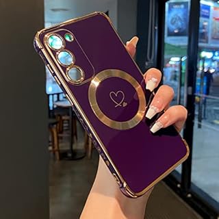 ZTOFERA Magnetic Case for Samsung Galaxy S23+ / S23 Plus 5G Compatible with MagSafe, Flexible Soft Silicone Protective Phone Case with Cute Heart Pattern Golden Rim Shockproof Cover, Dark Violet