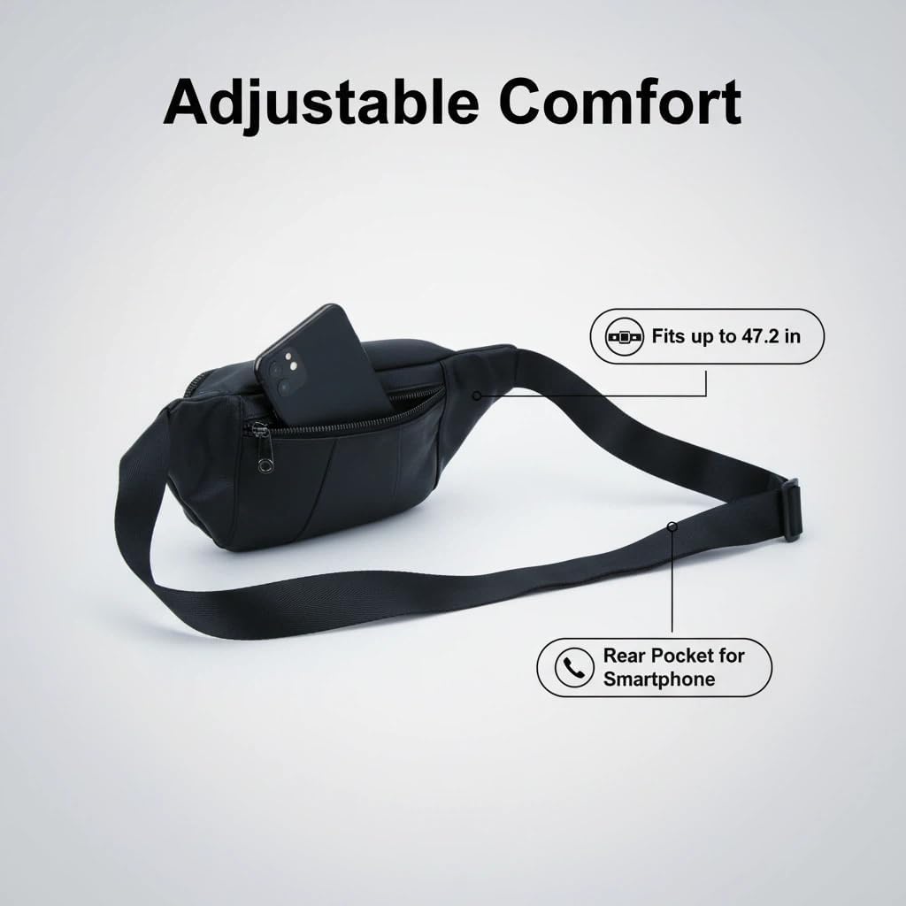Leather Waist Pack for Men, Large Belt Bag with Multiple Compartments, Adjustable Strap up to 47.2 Inches, for Everyday Use, Hiking, Cycling, Fishing (Black)