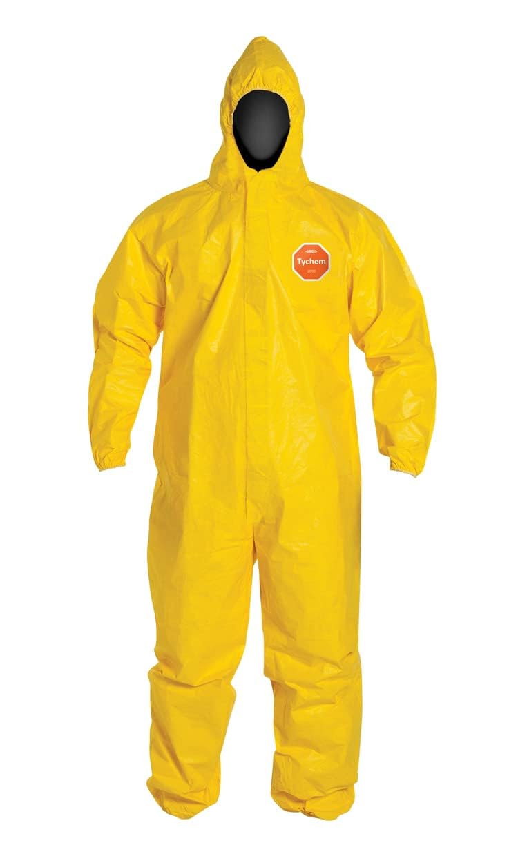 DuPont Tychem 2000 Disposable Chemical Resistant Coverall with Hood, Taped Seams, Elastic Wrists and Ankles, Yellow, 4X-Large, 4-Pack