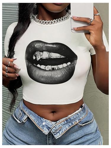Women's Lip Print T Shirts Short Sleeve Crewneck Fitted Crop Tops Graphic Tee3