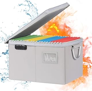 MUIFA Fireproof File Box with Lock, Collapsible File Storage Box with Zippers, Portable File Box Home Office Safe Box with Handle and Tag, Fireproof Document Box for Letter/Legal Folder (Silver)