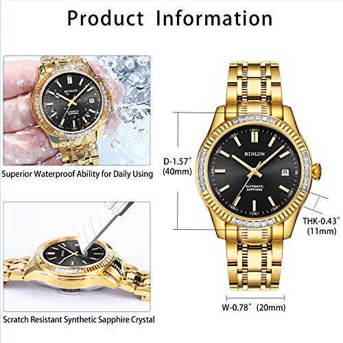 Image of BINLUN Men's Automatic Gold Watches 18K Gold Plated Diamond Mechanical Watch Waterproof Stainless Steel Skeleton Wrist Watch for Men