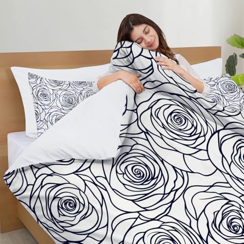 Parure de lit bleu blanc rose contour avec housse de couette zip