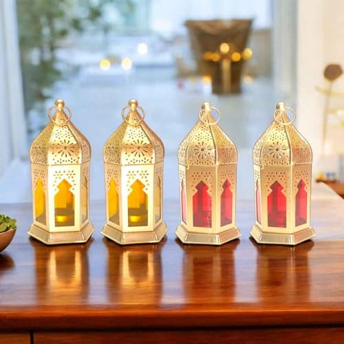 Image of Moroccan Lanterns & Candle Holders for Home Decor - Unique Diwali & Christmas Gifts (Red - Yellow, Set of 4)