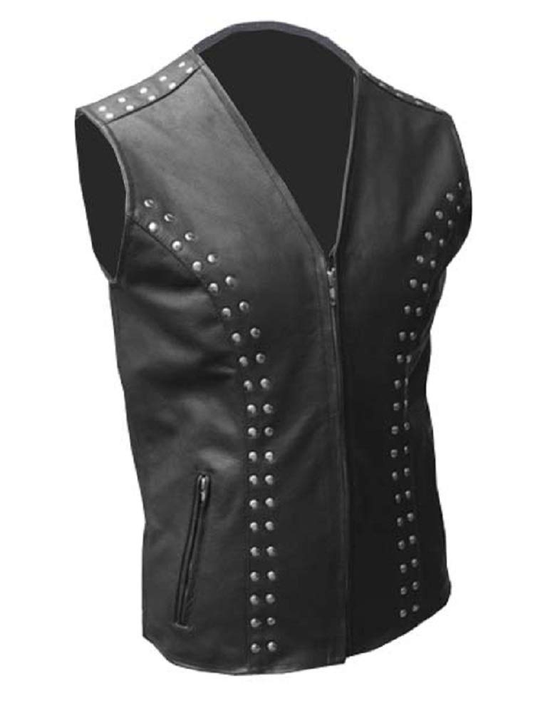 Mens Pure Black Cow Leather Vest Motorcycle Biker Style Studded Vest Waistcoat