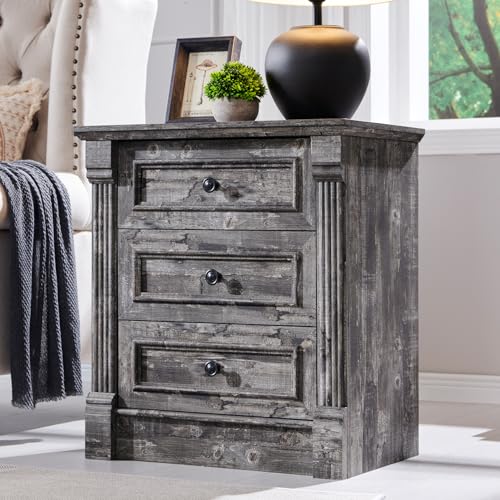 Image of 26 inch Tall Nightstand with Charging Station, Farmhouse 23.6 inch Wide Large End Table w /Roman Column, Wood Rustic Side Table w /Metal Handle, 3 Drawers Dresser for Bedroom, Living Room, Light Grey