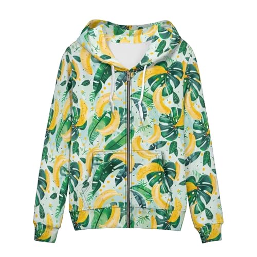 Allcute Novelty Graphic Print Women Hoodies Fall Jacket with Drawstring Strap Palm Leaf Banana Zip Up Hoodie for Women Ladies Trendy Soft Loose Fit Green Hooded Tops Spring Clothes