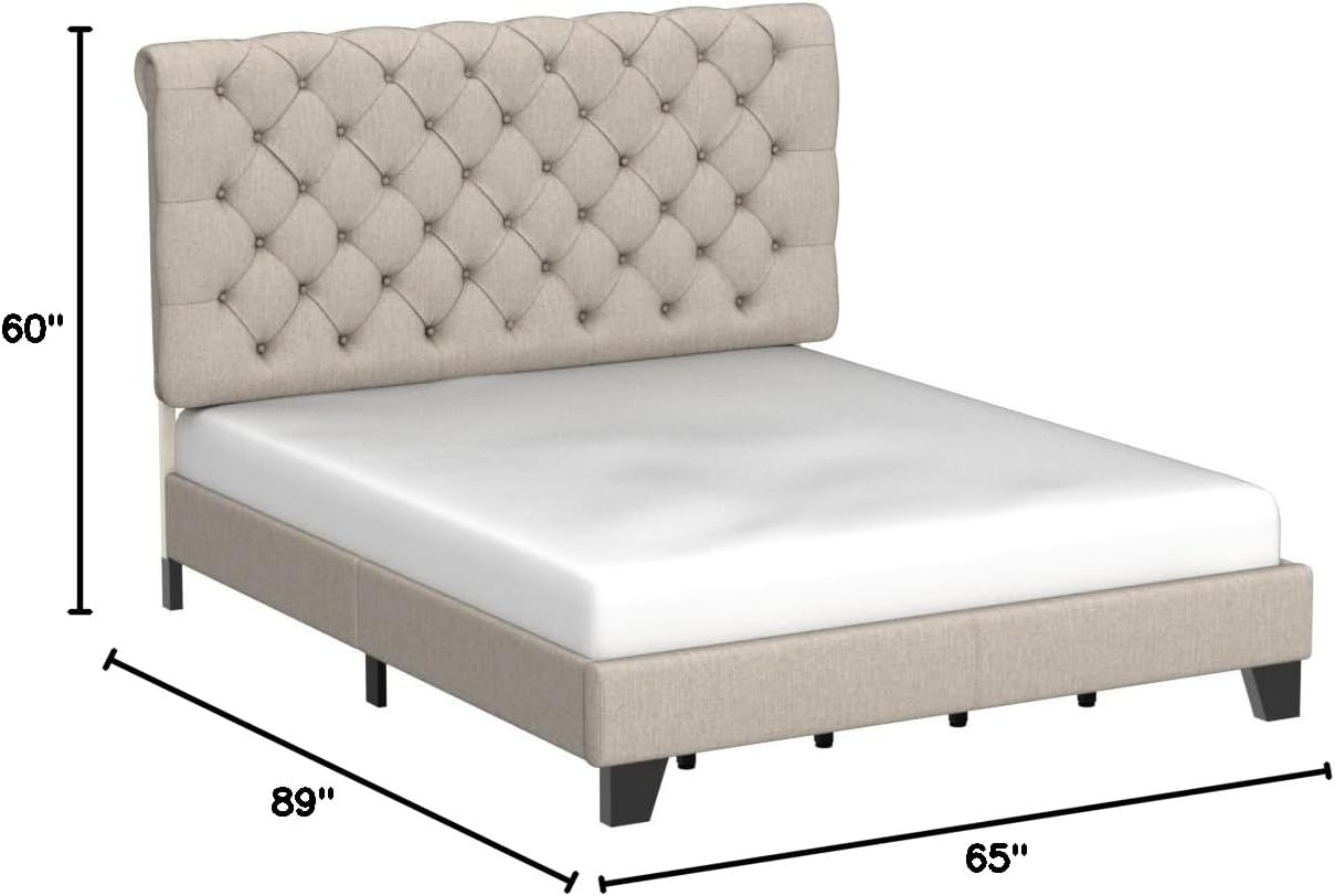 Rosevera Atherine Upholstered Bed Frame/Fabric Upholstered Bed Frame with Adjustable Headboard/Chesterfield-Styled/Rolled Head/Wood Slat Support/Easy Assembly,Queen,Natural Beige