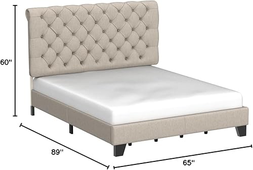 Miniatura 2 de Rosevera Atherine - Marco de cama tapizado de tela con cabecera ajustable, estilo Chesterfield, cabeza enrollada, soporte de listones de madera,