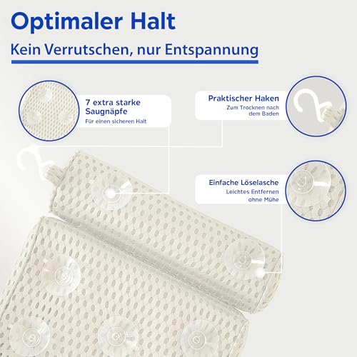 LEODERA Badewannenkissen Weiß - Badekissen für Badewanne - ergonomisches Nackenkissen für die Badewanne - Badekissen mit 7 extra starken Saugnäpfen - Badewannen Zubehör