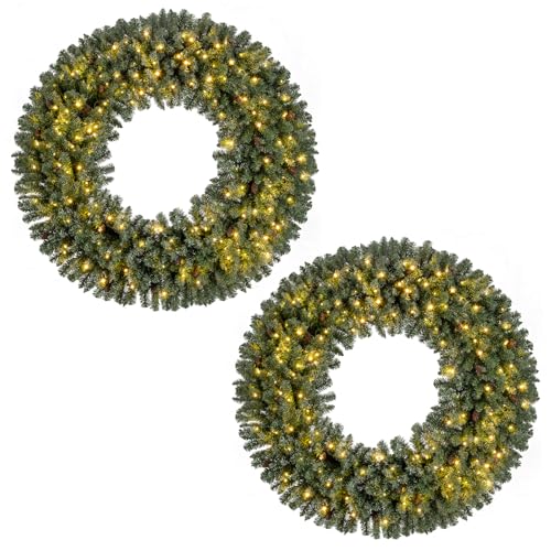 Goplus 60 Inch Large Pre-Lit Christmas Wreath, 2 Pack Lighted Artificial Winter Xmas Wreaths for Front Door with 200 LED Lights, 680 PVC Branch Tips, 24 Pine Cones, for Windows Wall Mantel Decor