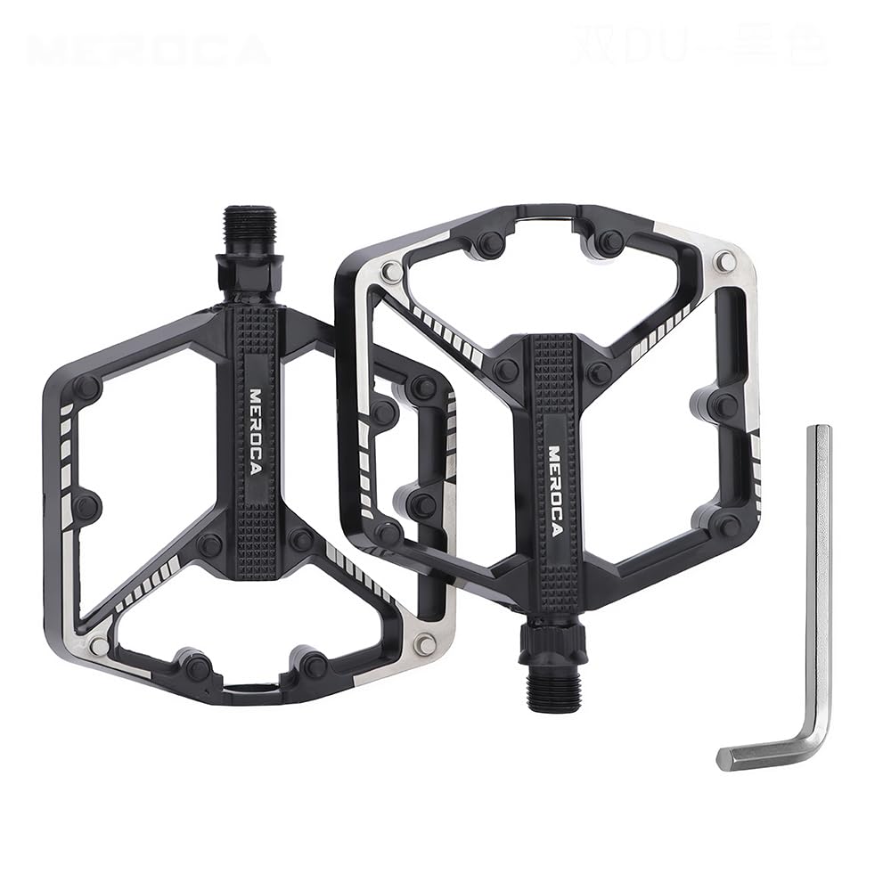 Mountain Bike Pedals, Aluminum Alloy MTB Pedals, Wide Paltform Lightweight Bicycle Pedals, 9/16" Platform Pedal with Anti-Skid Nails (Black, Double DU Bearings)