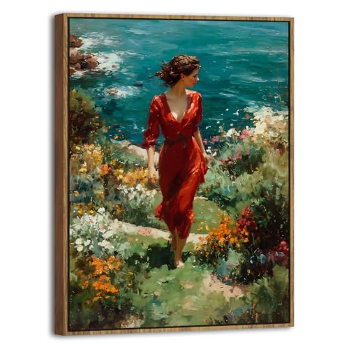 Woman Walking on Beach Framed Wall Art Teal Ocean Prints