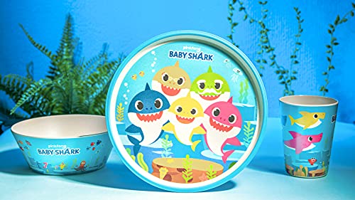Image of Zak Designs Baby Shark Dinnerware Set for Kids Includes 8 inch Plate, 6 inch Bowl, and 10oz Tumbler, Durable and Sustainable Melamine Bamboo Material (3-Piece Set)