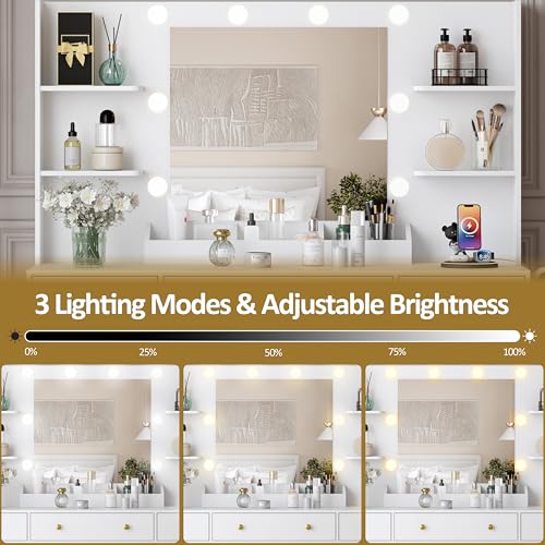 Image of HUANLEGO Vanity Desk with Mirror and Lights, Large Makeup Vanity Set with Power Outlet & RGB Glass Cabinet, 3 Drawers, White Vanity Mirror with Lights Dressing Table for Girls Women, 3 Color Modes