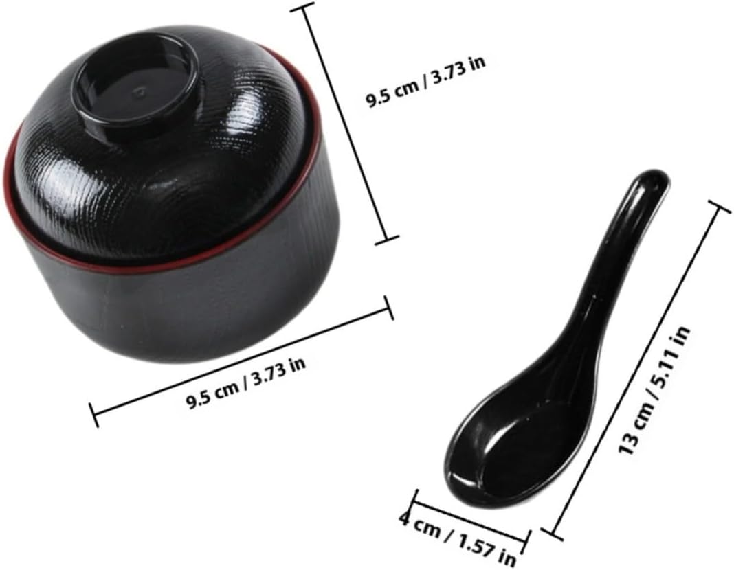 KOMBIUDA Japanese Style Covered Soup Bowl with Spoon, Black Melamine