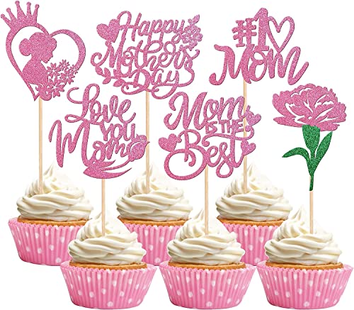 36 decoraciones para tartas Happy Mother's Day con purpurina y flor Love You Mamá Cake Toppers #1 Mamá Decoración para tartas para Día de la Madre Tema Mujeres Cumpleaños Fiesta Suministros Rosa