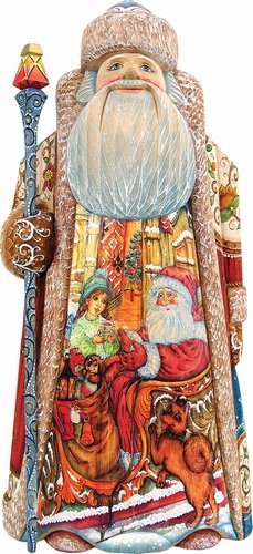 G. Debrekht Carved Wood and Hand-Painted Holiday Arrival Santa, 11"