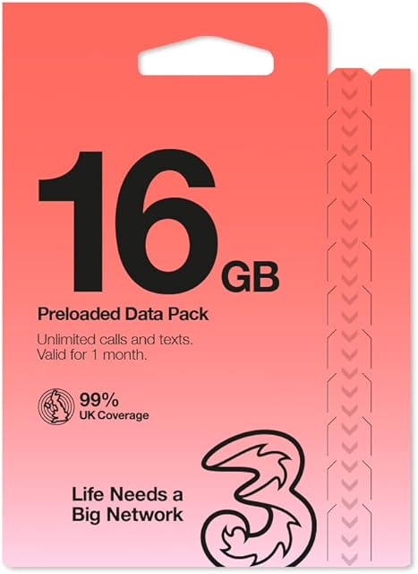 Three Mobile 16GB data Pay As You Go SIM