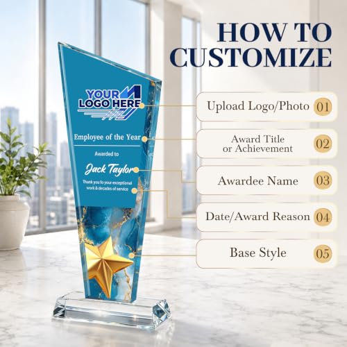 Image of Custom Crystal Trophy Award Personalized Plaque Award with Text Logo Photo Awards Trophies for Employee Recognition Team Graduation Personalized Office Gifts for Boss Coworker Teacher